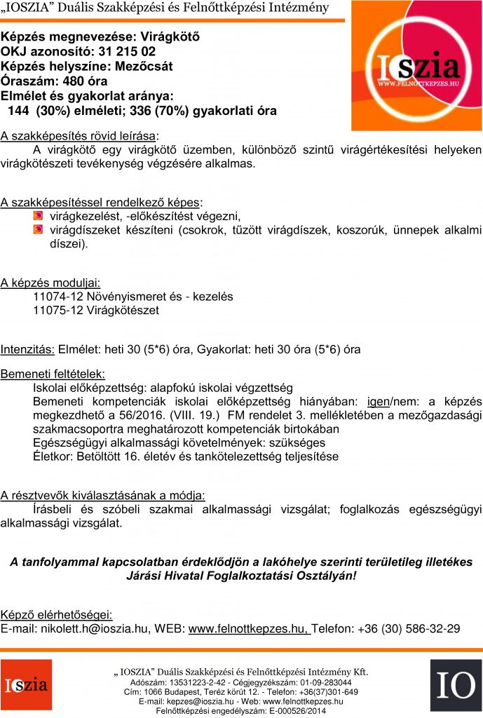 Virágkötő - Mezőcsát - IOSZIA felnottkepzes.hu